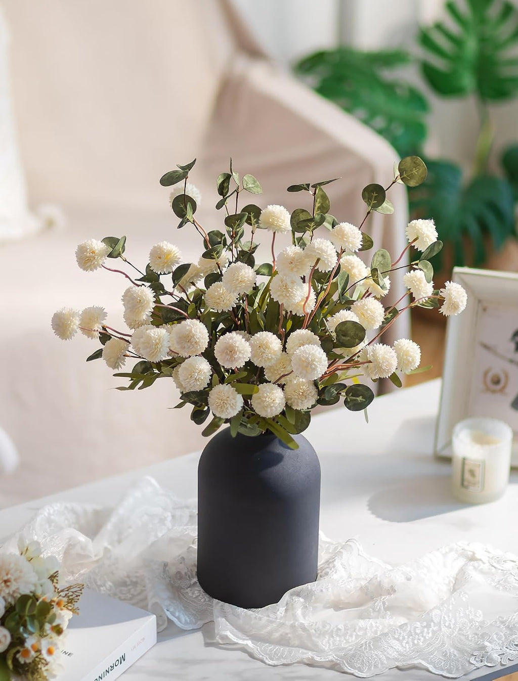 BLOSMON Fake Mum Flowers in Vase, White Dining Table Centerpiece Decor