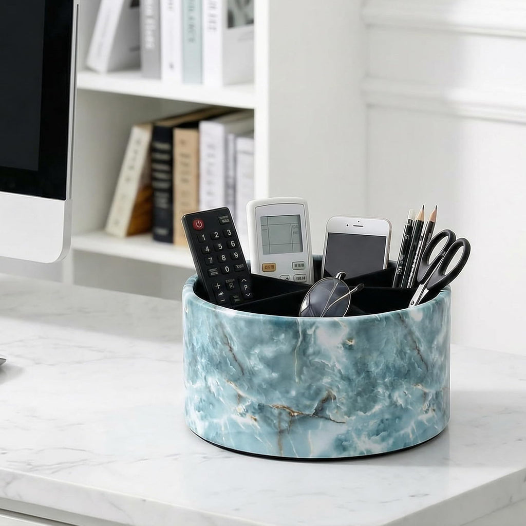 Remote Control Holder, 360°Spinning PU Leather Desk TV Remote Caddy,Desk Storage Box Room Accessories for Controller, Media,Mail,Calculator, Mobile Phone,Pencil(1-Big Marble Green)