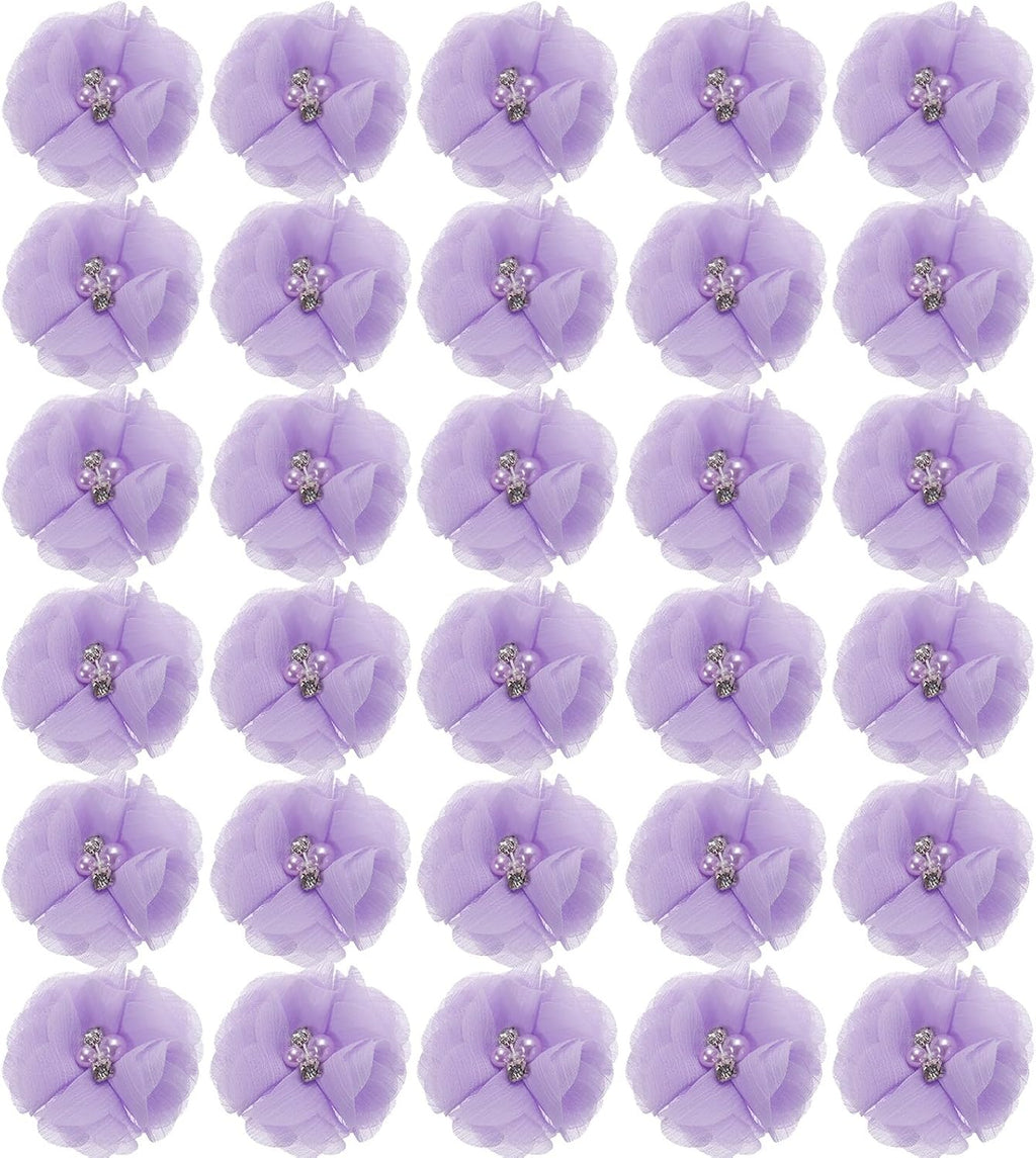 MECCANIXITY Artificial Rhinestone Chiffon Flower Heads, Light Purple Faux Flowers 2 Inch for DIY Craft Wedding and Party Decoration Pack of 30