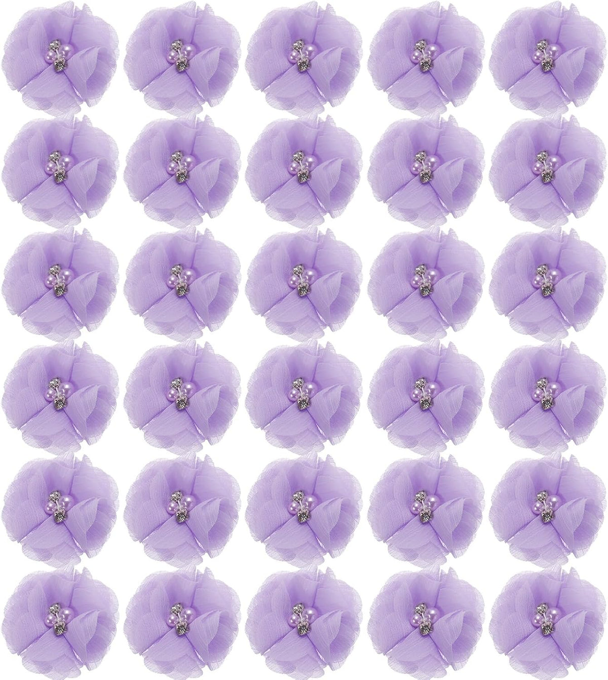 MECCANIXITY Artificial Rhinestone Chiffon Flower Heads, Light Purple Faux Flowers 2 Inch for DIY Craft Wedding and Party Decoration Pack of 30