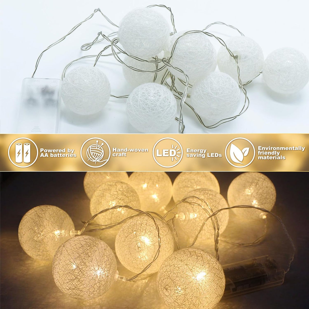 Anordsem Battery String Light Indoor: 6.88Ft/10 LED Cotton Ball Lanterns 2 Pack - Fairy Cozy Lighting Hanging Deco for Room Bedroom Party - Birthday Gifts for Babies Students Adults