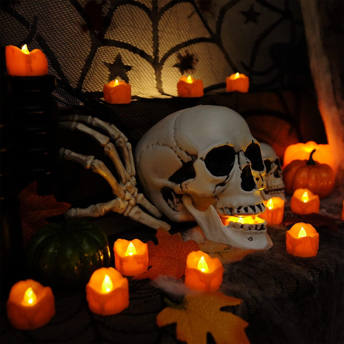 Halloween 12 Pack Orange Tea Lights, Small Dripping Candles, Battery Operated LED Tealights, Mini Pumpkins Lights with Warm White Bulb, Flameless, Electric Fake Tea Candles Realistic for Halloween