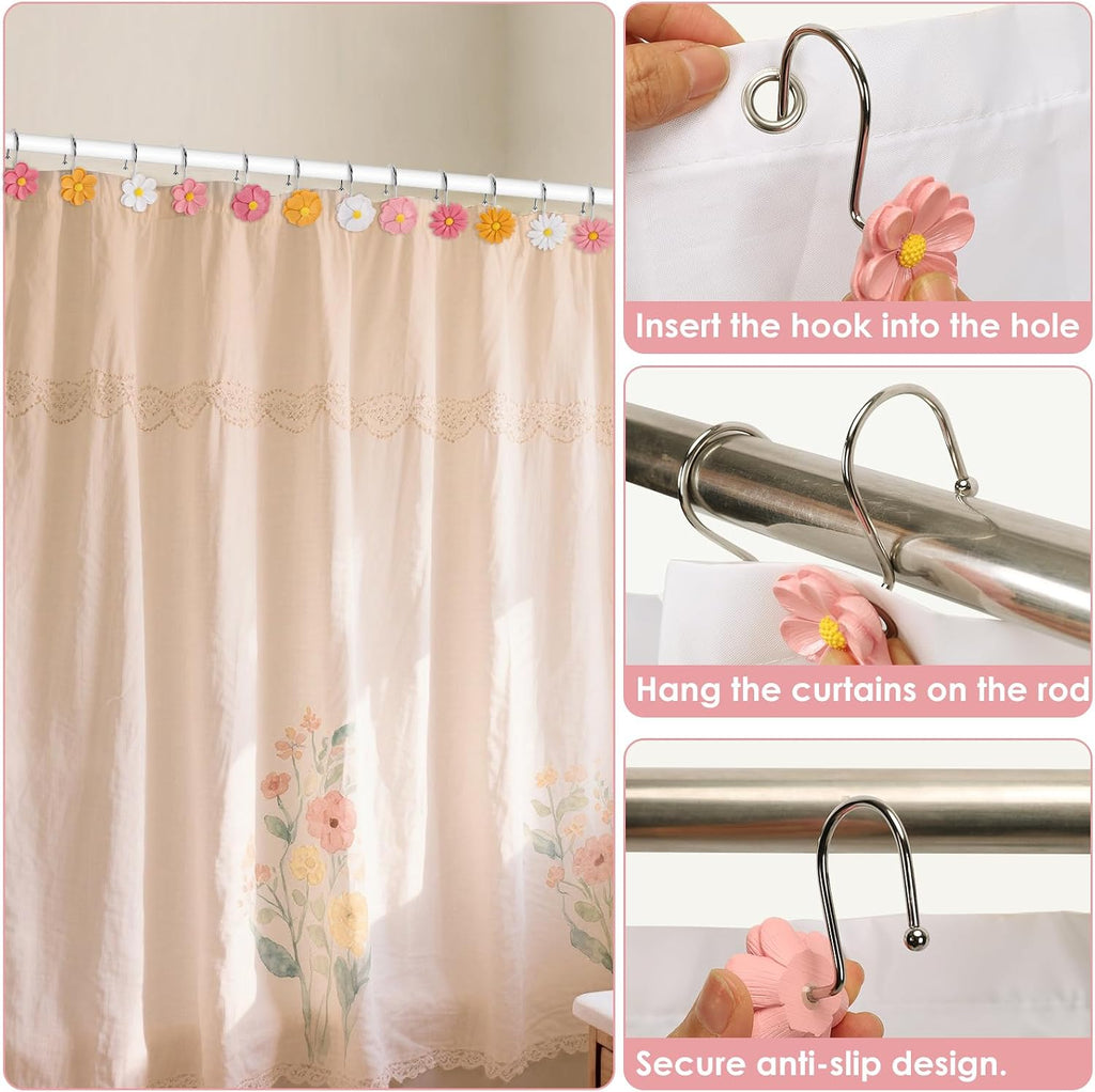 Flower Shower Curtain Hooks, 12 Pack Rustproof Stainless Steel Decorative, Bohemian Floral Bathroom Accessories for Curtain Rod and Shower Rod（Blush Pink）
