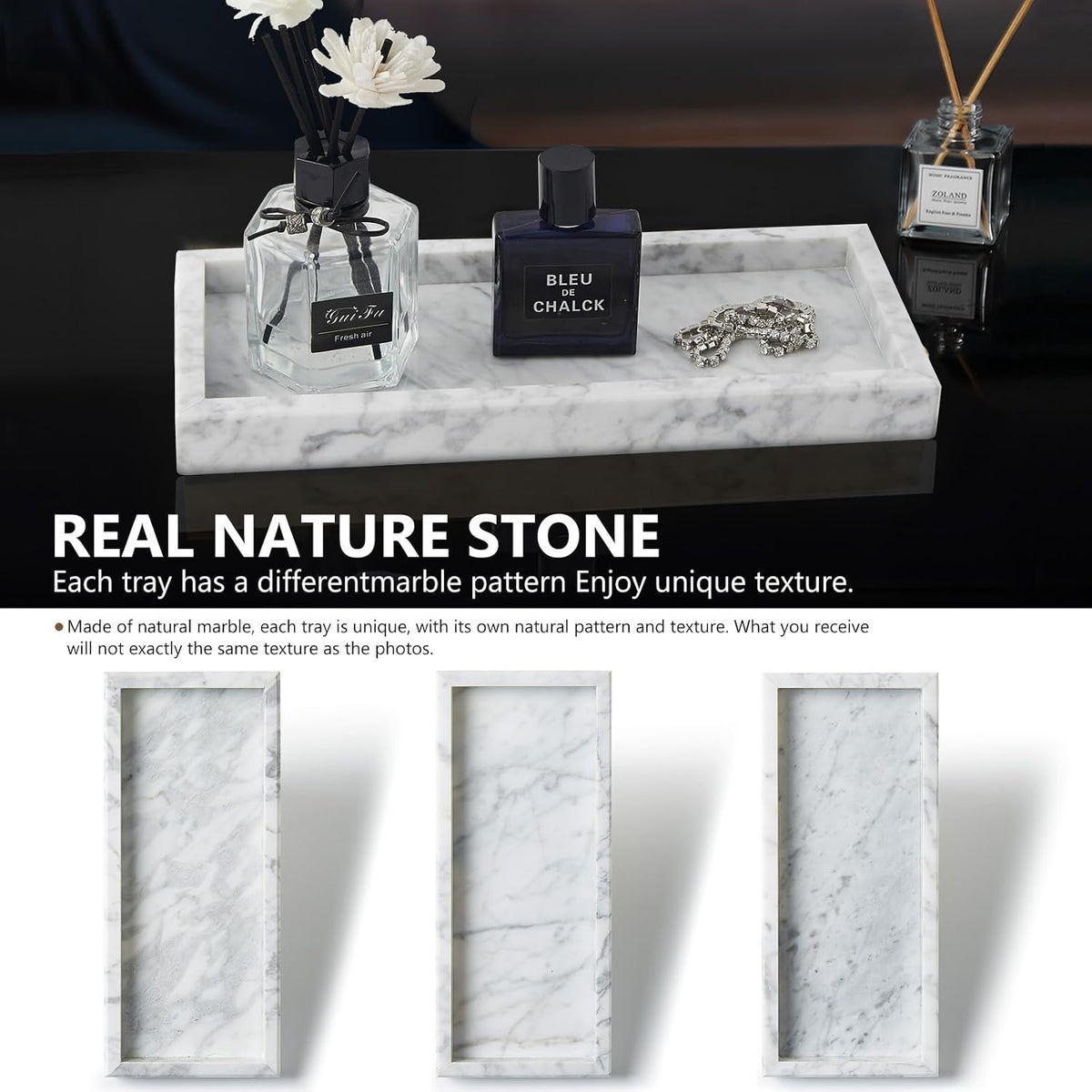 Real Natural Small Marble Tray for Bathroom, Vanity, Kitchen Counter