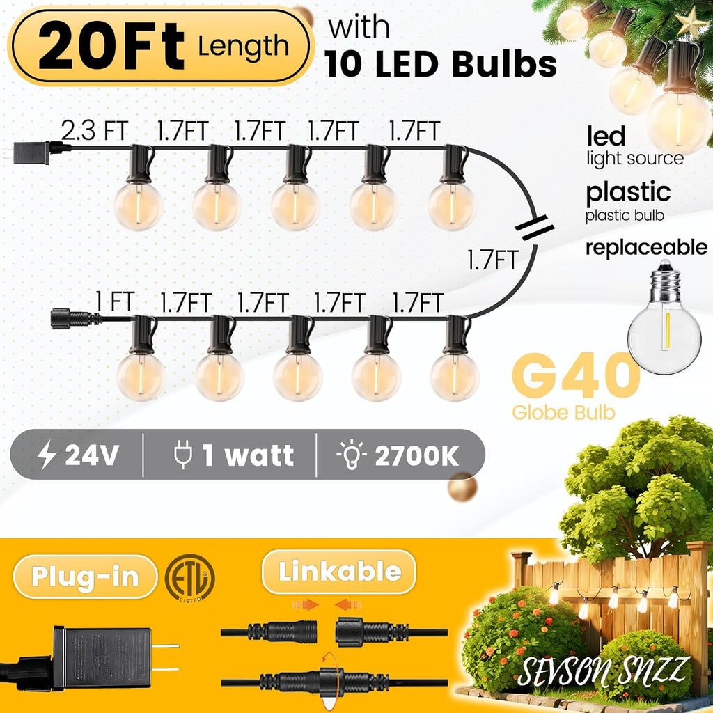 Outdoor String Lights 20FT LED Waterproof Patio Globe Lights