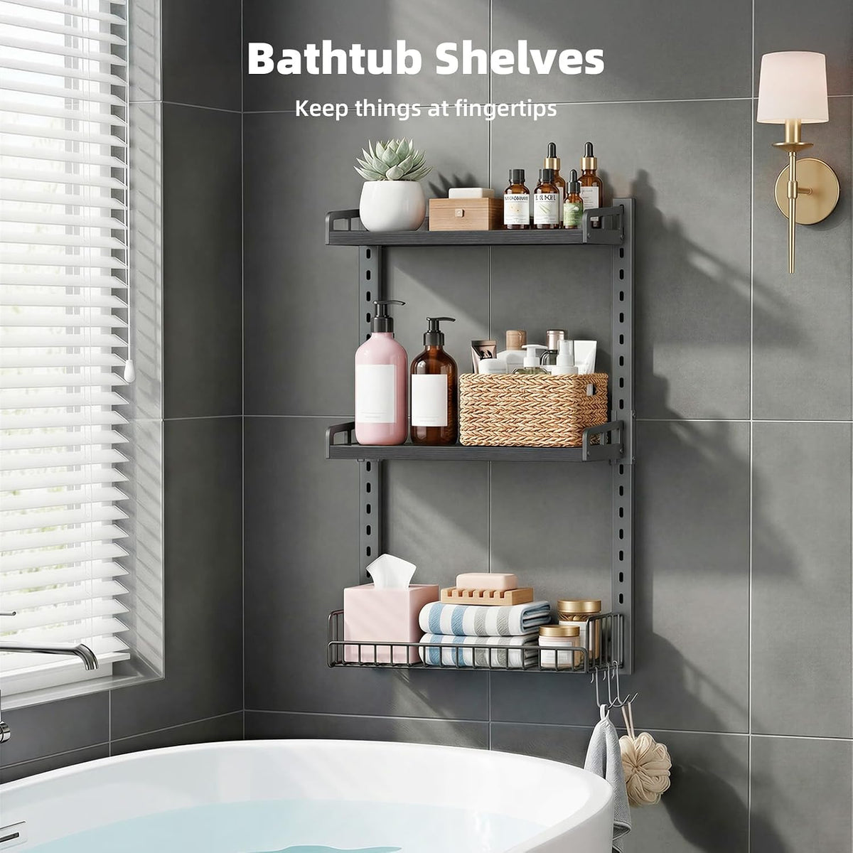 Kalrin 3 Tier Bathroom Shelves Over Toilet - Wall Mounted Floating Shelves with Drain Basket, Toilet Paper Storage, Height Adjustable Over The Toilet Storage, Pure Black
