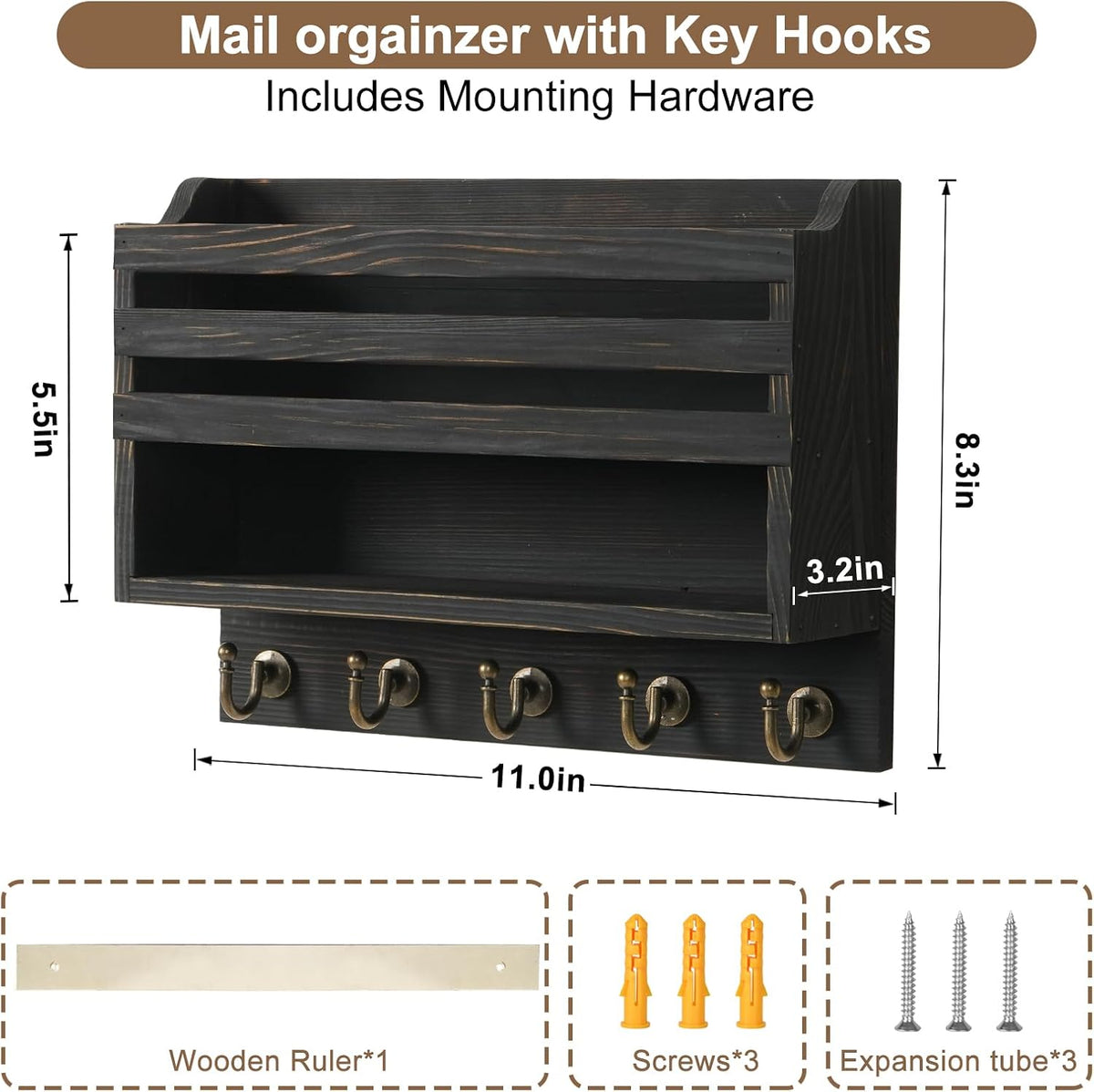 Key Holder Wall Mount with Mail Organizer, 5 Key Hooks, Black