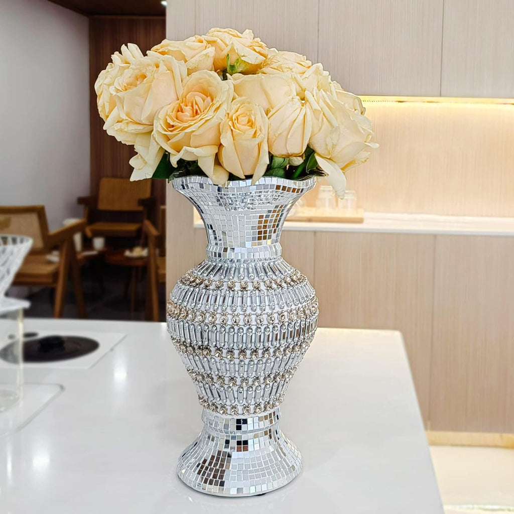 Silver Ceramic Flower Vase with Rhinestones, 12-Inch Home Decor