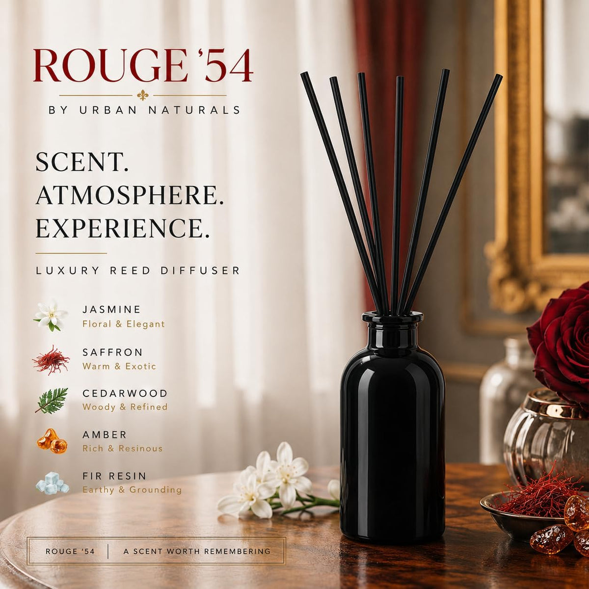 Urban Naturals Reed Diffuser Set, Rouge 54 - Bathroom Shelf Décor