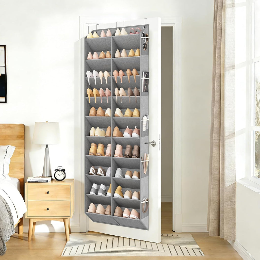 LANTEFUL Over the Door Shoe Organizer, Hanging Shoe Rack for Closet Door Shoe Storage for 30 Pairs Sneaker and Boots, Large Shoe Holder for Door with 10 Side Pockets, Space Saving, Grey