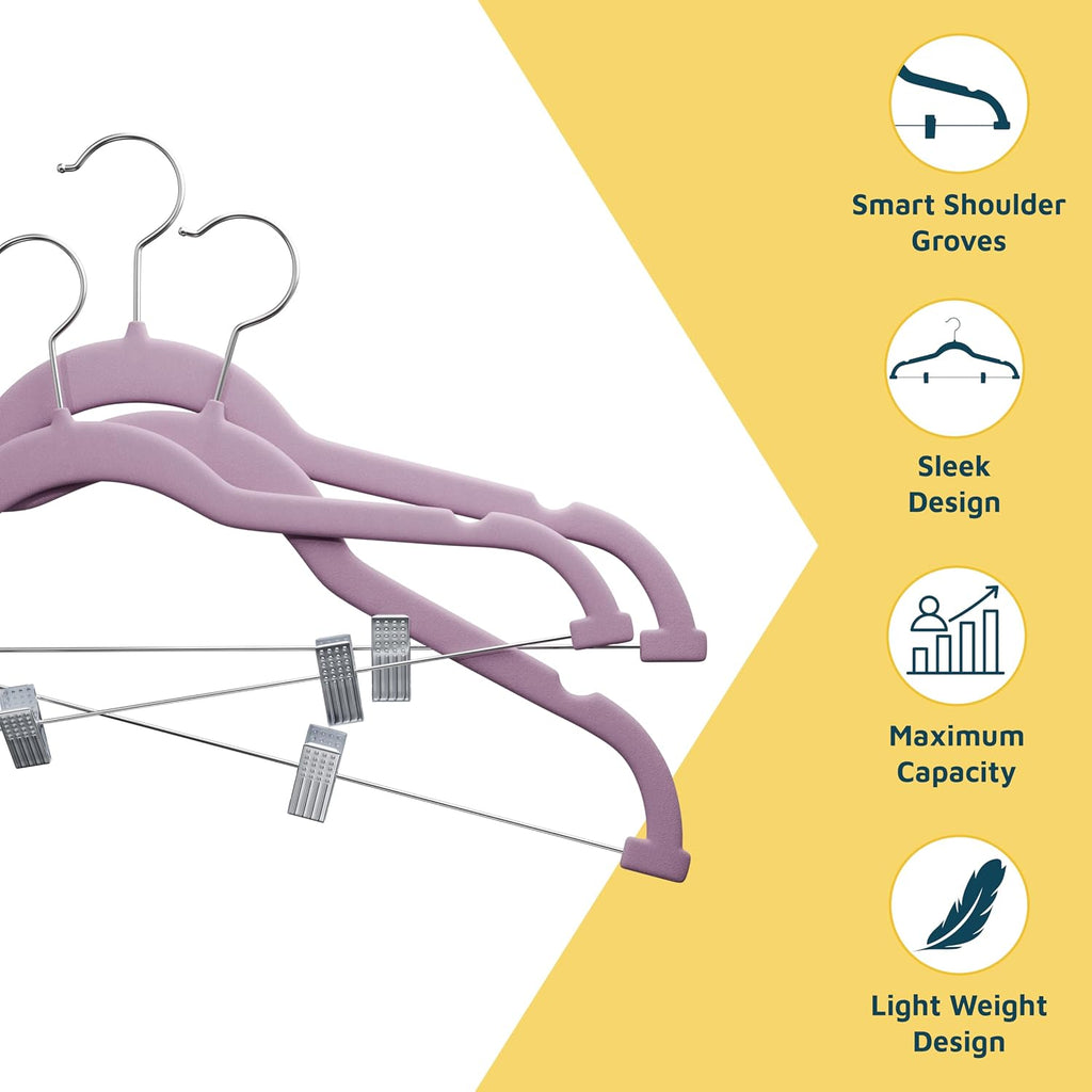 Lifemaster Velvet Skirt Hangers – with Adjustable Clips, 360 Degree Swivel Hook, and Non-Slip Shoulder Notch, Holds Up to 10 lbs, for Organizing Skirt, Pants, Dress, and Clothes, Pack of 30, Purple