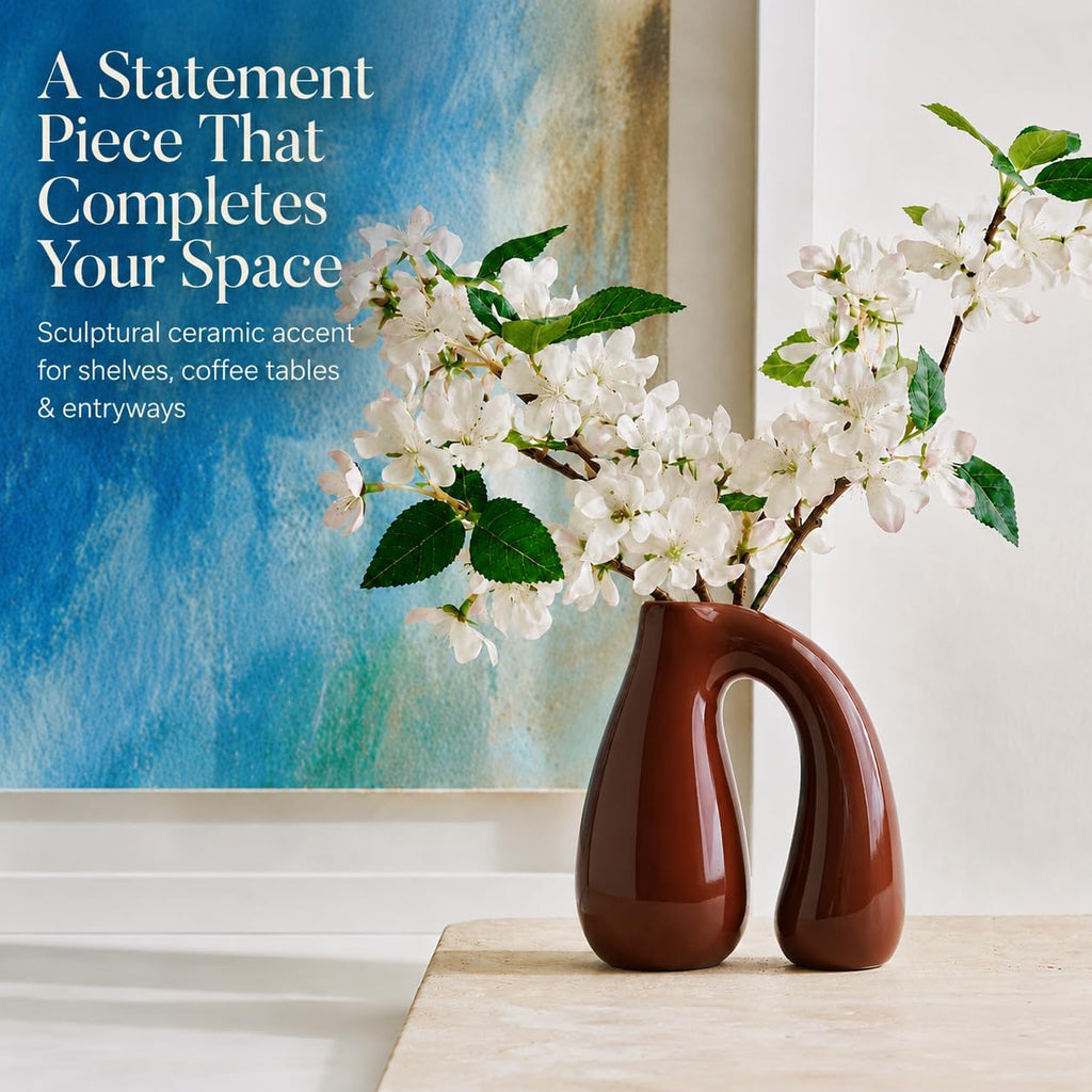 Brown Ceramic Vase for Pampas, Boho Shelf & Table Decor