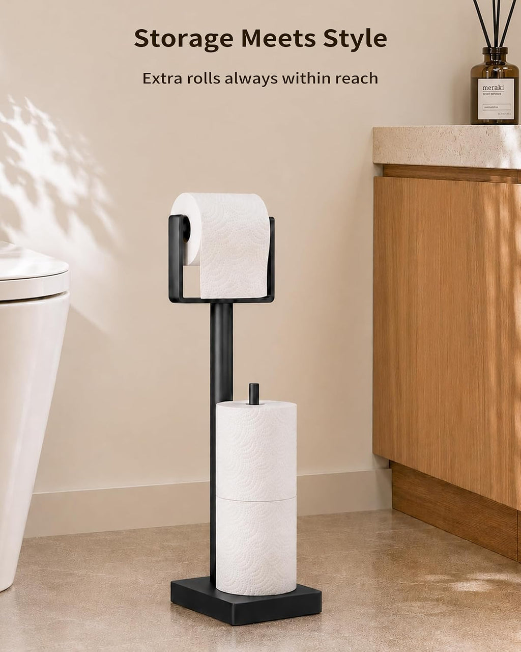YUMORE Toilet Paper Holder Stand with Storage & Weighted Base, Matte Black