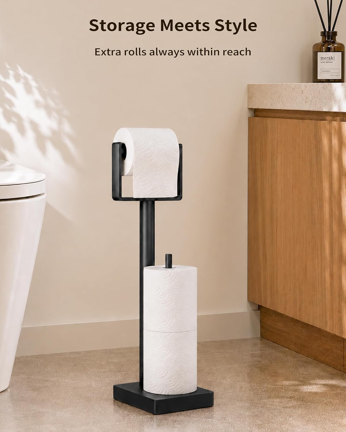 YUMORE Toilet Paper Holder Stand with Storage & Weighted Base, Matte Black