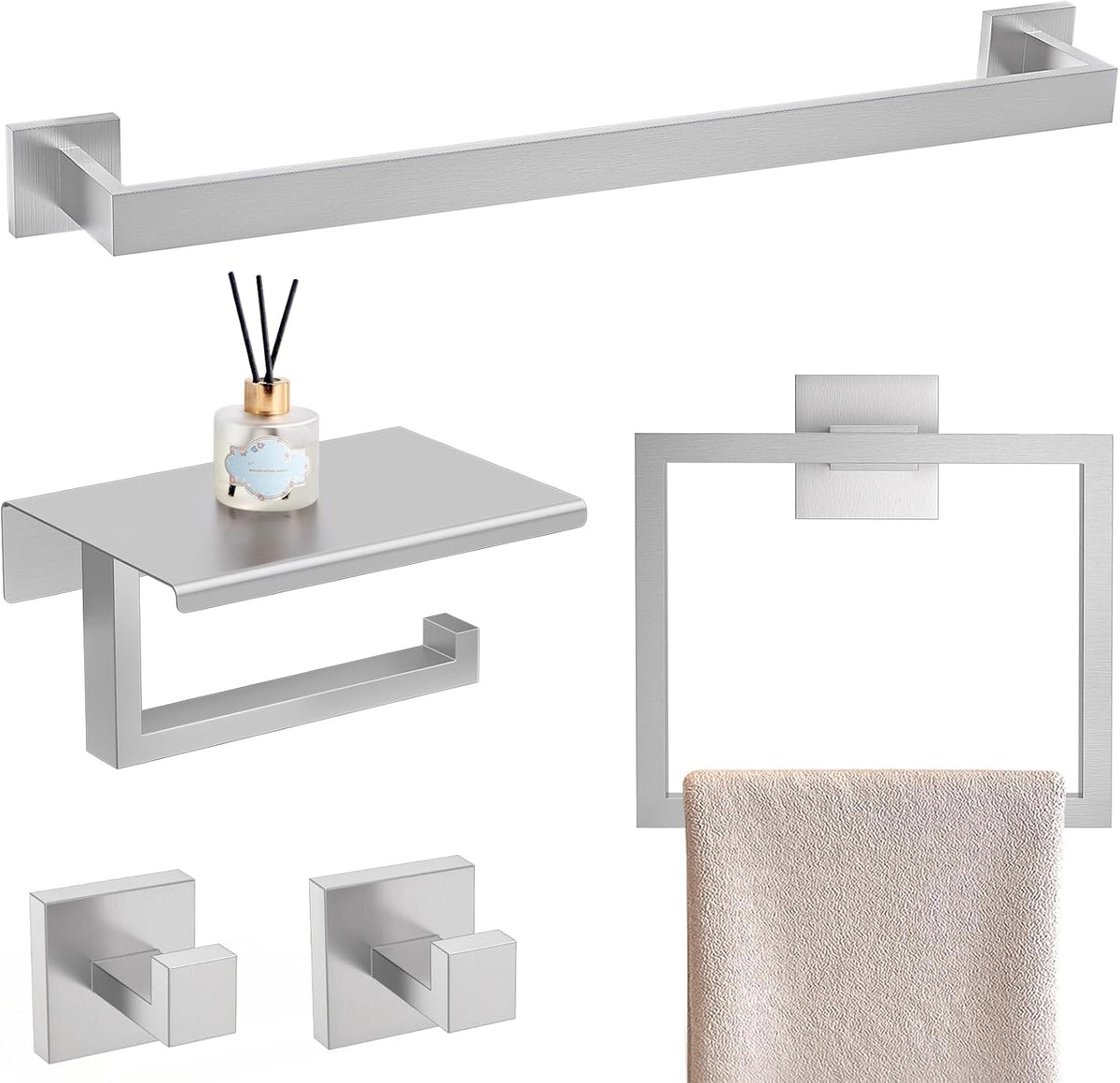 YACVCL 5 Pieces Brushed Nickel Bathroom Accessorie Set 23.6 Inch Towel Bar Set SUS304 Stainless Steel Towel Holder Set for Bathroom,Toilet Paper Holder with Shelf Wall-Mounted Bathroom Hardware Set