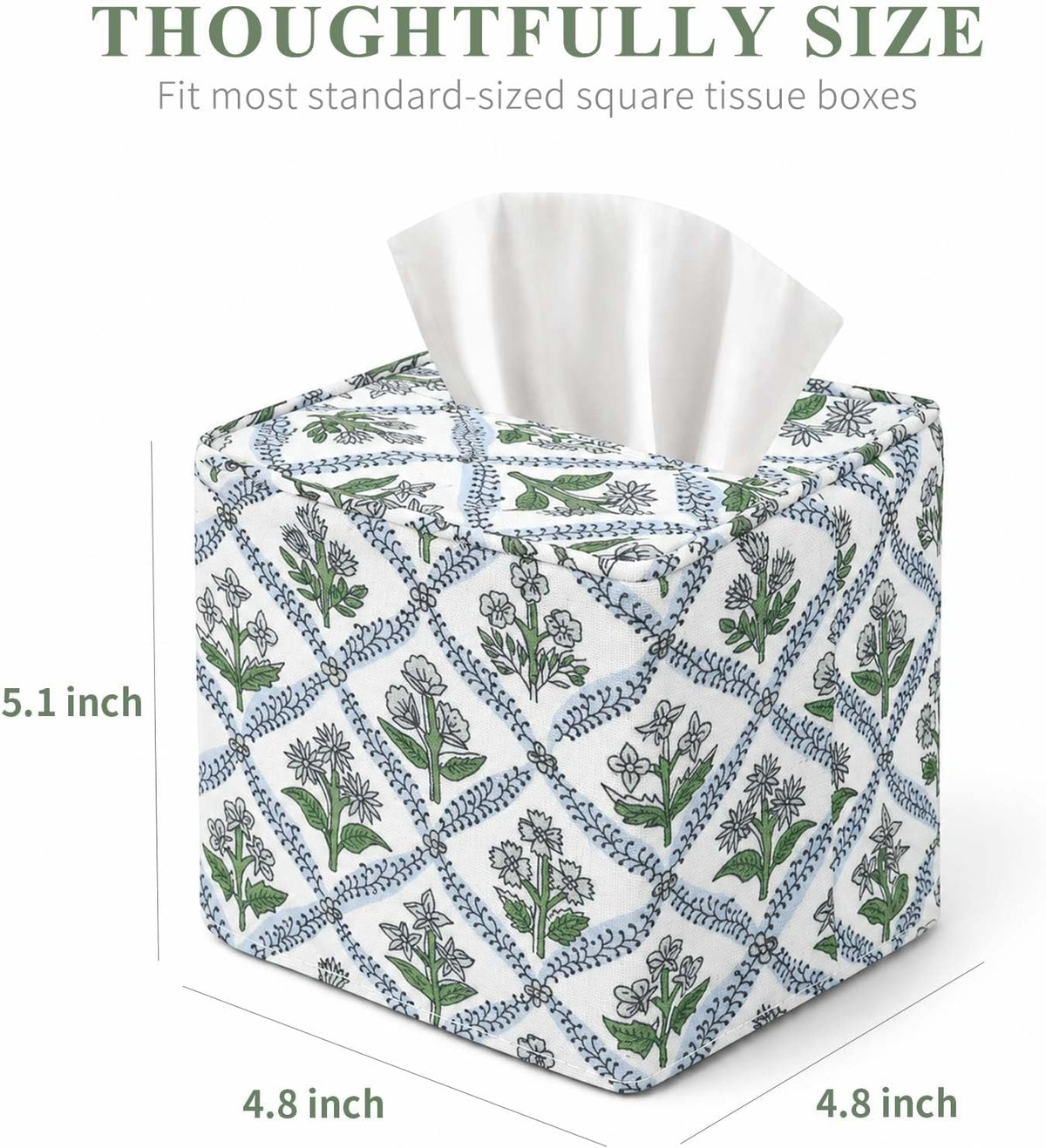 Livelab Cotton Handmade Print Tissue Box Cover – Fabric Decorative Square Napkin Holder, Stylish Tissue Case Facial Paper Cube Cover for Your Home, Officce, Car, Bathroom | Green Flower