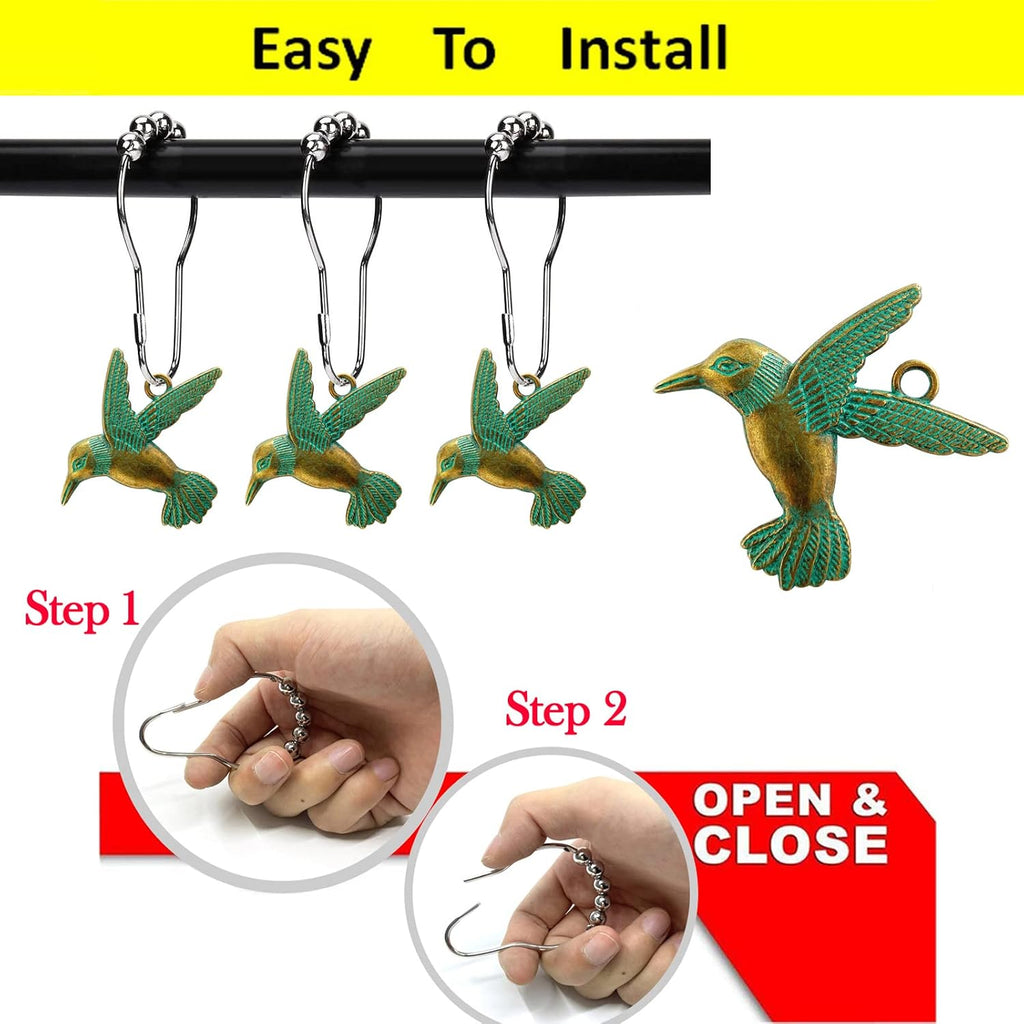Hummingbird Shower Curtain Hooks Rings Bird Garden Nature Spring Theme Decoration Stainless Steel Rustproof Set of 12 (Patina)