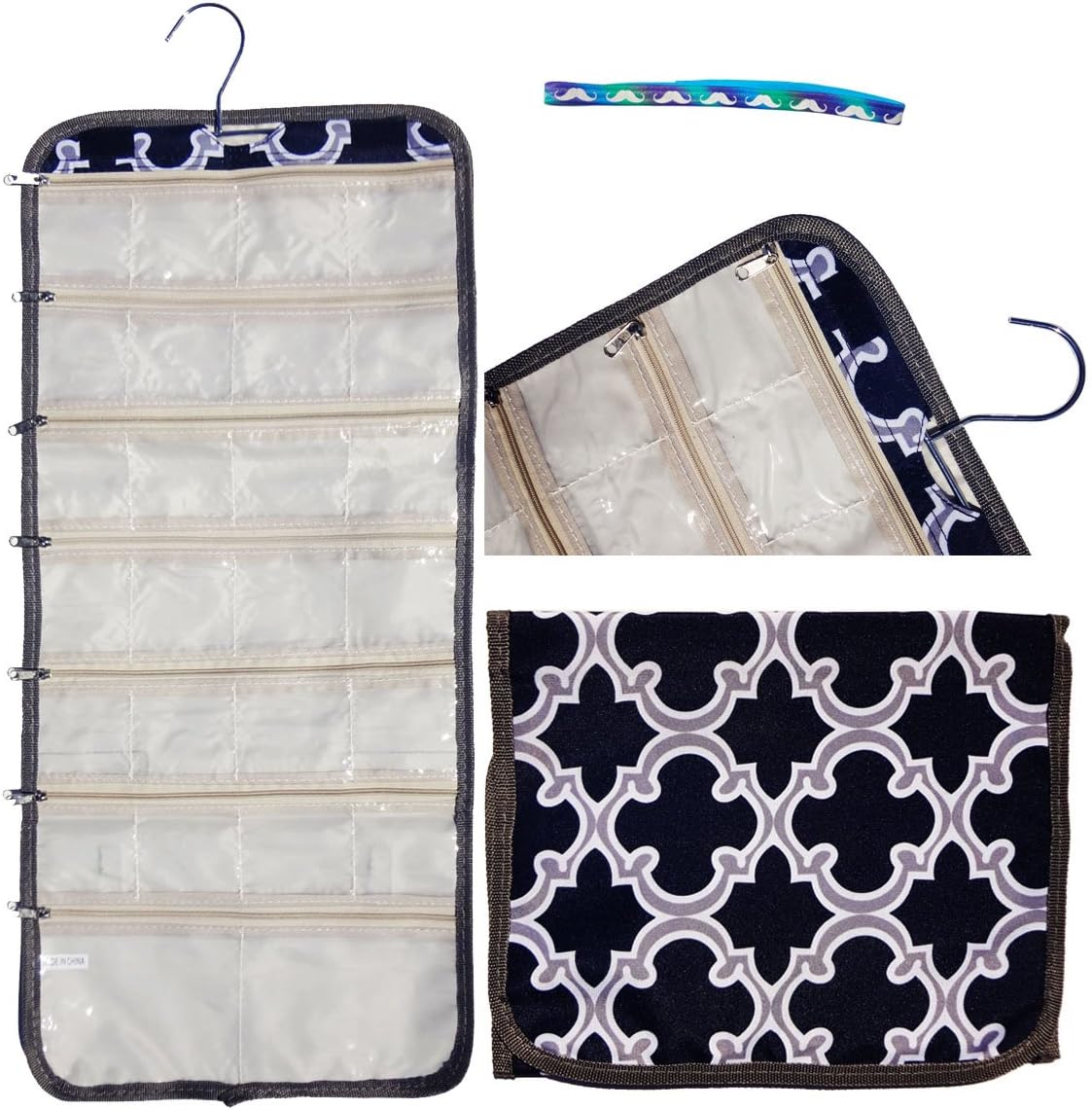 Best Large Gray Quatrefoil Hanging Travel Jewelry Hanger Holder Beauty Roll Bag Purse Cool Last Minute Packing Organizer Top Sweet for Mother Wife Aunt Girlfriend