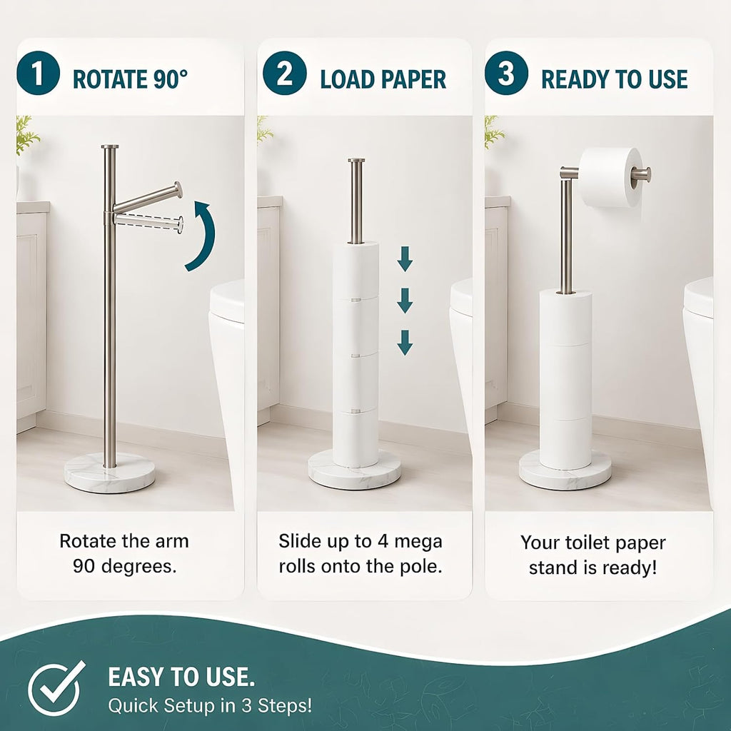 Songtec Toilet Paper Holder Stand, Free Standing Tissue Roll Holder, Heavy Natural Marble Base, Sturdy for 5 Toilet Paper Rolls (Marble Base, Brushed Nickel)