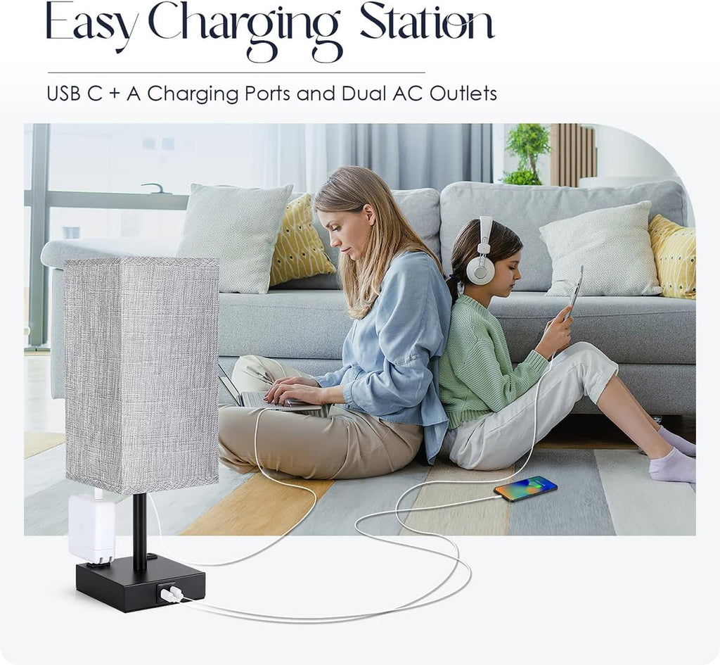 Bedside Table Lamp for Bedroom - Touch Small Lamp with USB C+A Charging Ports & AC Outlets, 3 Way Dimmable Nightstand Light for Living Room (LED Bulb Included, Grey)