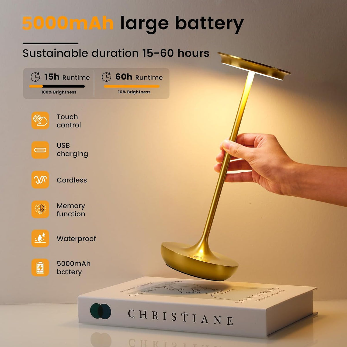 LED Rechargeable Cordless Table Lamp Battery Operated Light Set of 2 Gold