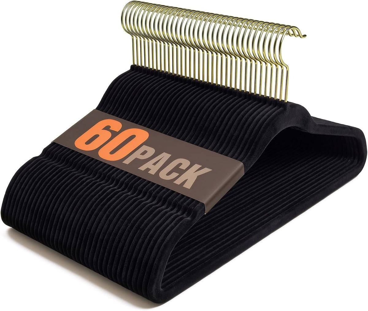 Flottian 60 Pack Black Velvet Hangers Non Slip,Felt Hangers with Gold Hook