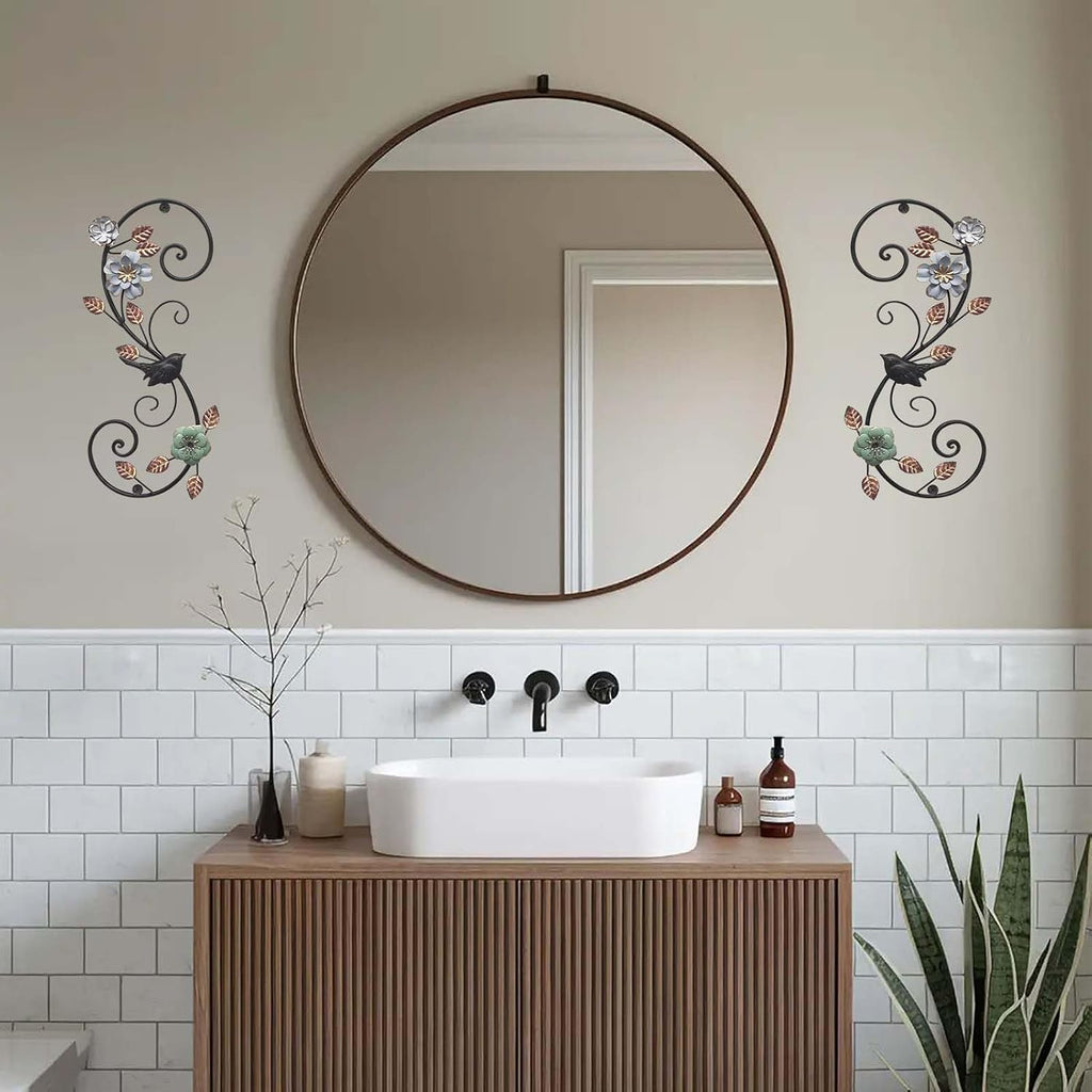 Birminwind 3D Metal Flower Wall Art: 2pcs Vintage Floral Wall Décor with Leaves Bird for Room, 15.16"