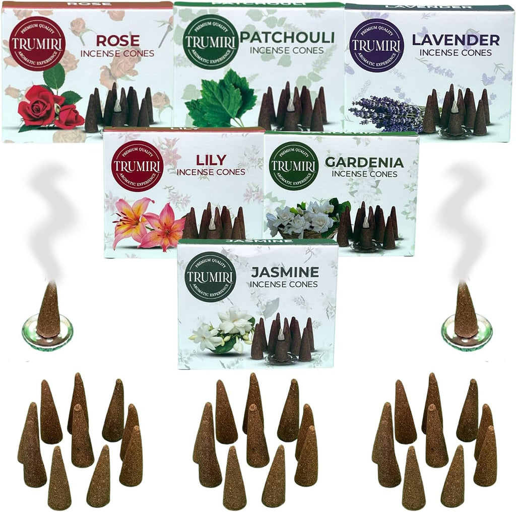 Trumiri Floral Incense Cones - Variety Pack - Total 60 Cone Incense (6 Scents x 10 Conos) - Rose, Lavender, Jasmin, Patchouli, Gardenia, Lily - Cone Incense Scents - Insense Cones - Incent Cone