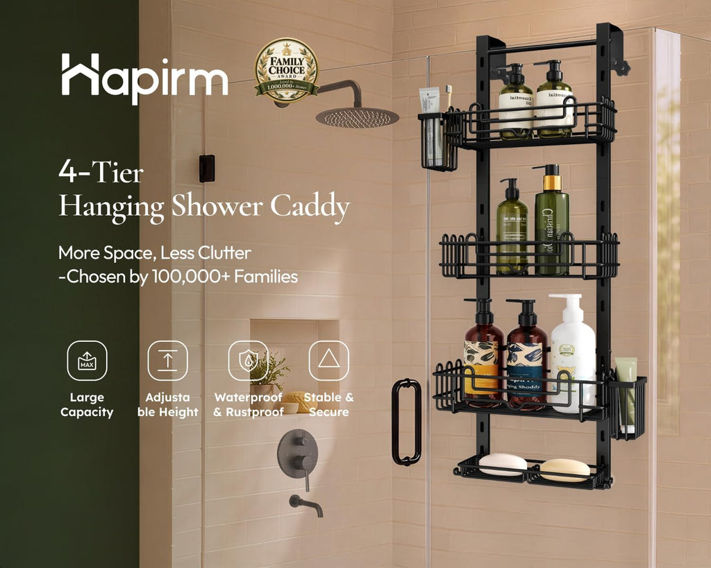 HapiRm Over the Door Shower Caddy - 4-Tier Hanging Shower Organizer with 22 Hooks and 2 Toothbrush Holders, No Drilling Adjustable Hanging Shelves for Bathroom - Black