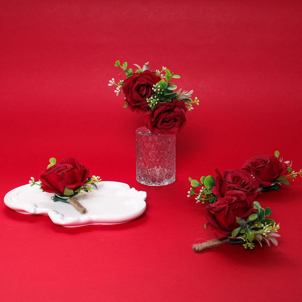 Gvhntk Ivory Rose Boutonniere for Men Wedding Set of 6 Groom Groomsmen Best Man Artificial Flowers Boutonniere for Wedding Ceremony Anniversary Prom Flowers Formal Dinner Party (6, Red, Middle)