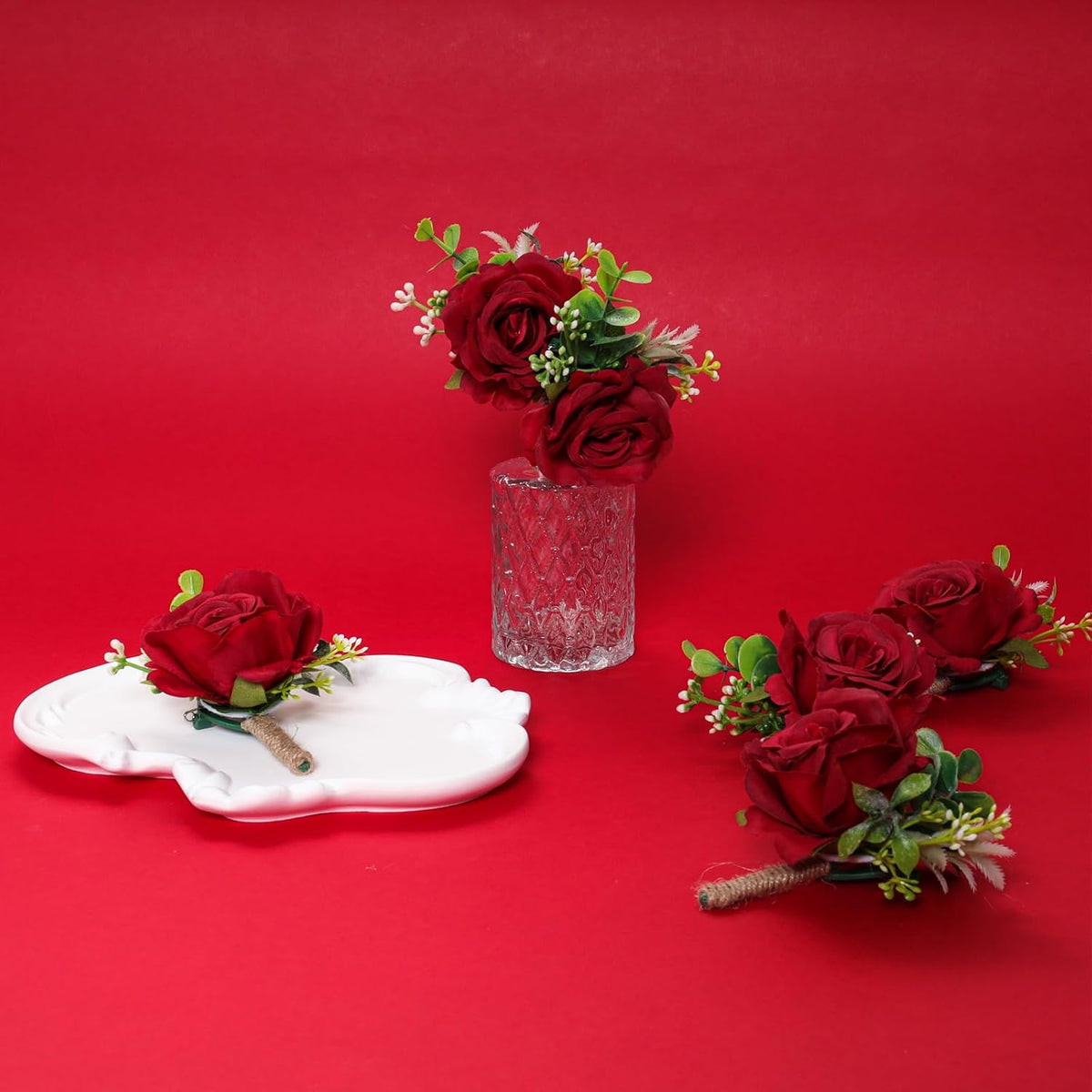 Gvhntk Ivory Rose Boutonniere for Men Wedding Set of 6 Groom Groomsmen Best Man Artificial Flowers Boutonniere for Wedding Ceremony Anniversary Prom Flowers Formal Dinner Party (6, Red, Middle)