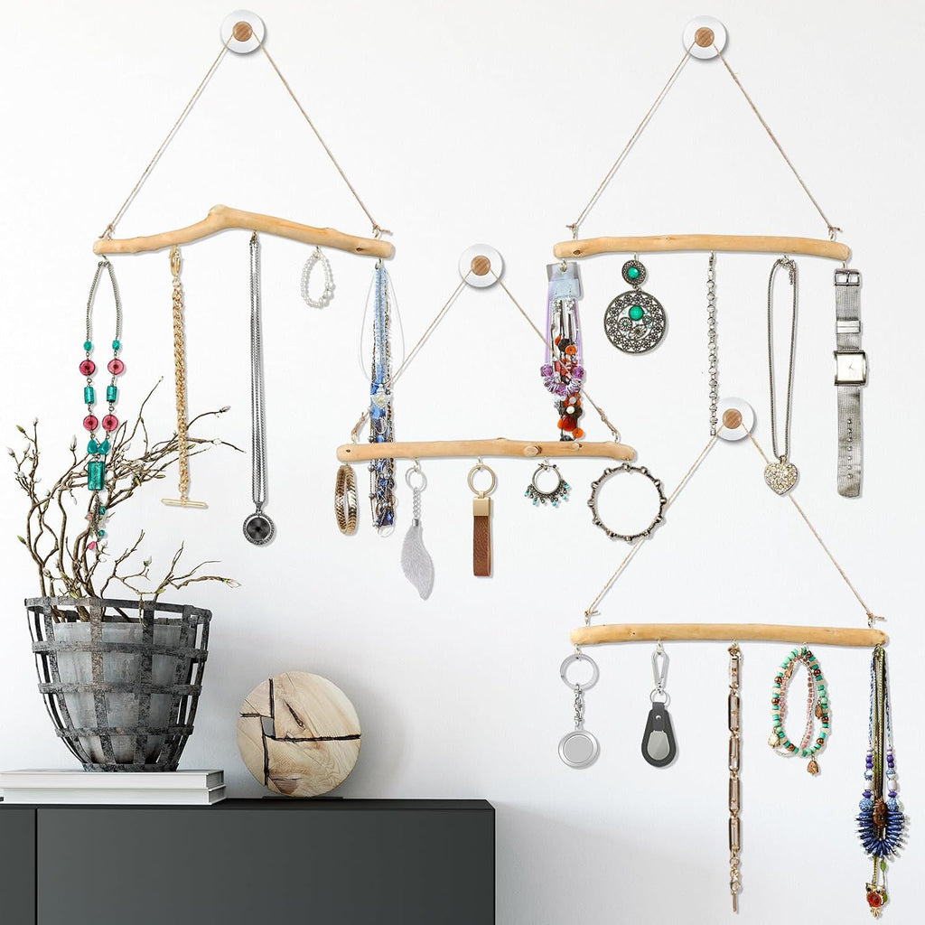 Chunful 4 Pcs Driftwood Wall Hanging Jewelry Hanger, 15 Inch with 5 Hooks