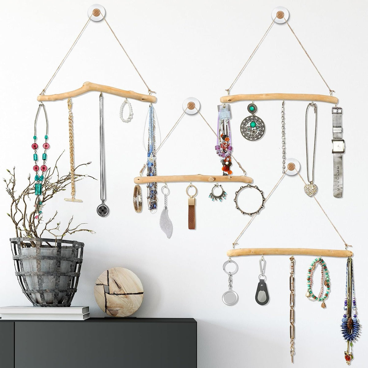 Chunful 4 Pcs Driftwood Wall Hanging Jewelry Hanger, 15 Inch with 5 Hooks
