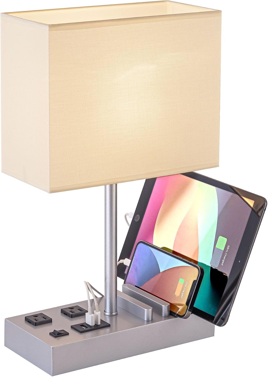 Multi-Functional Table Lamp with 3 USB Charging Ports & 2 AC Outlet, Silver