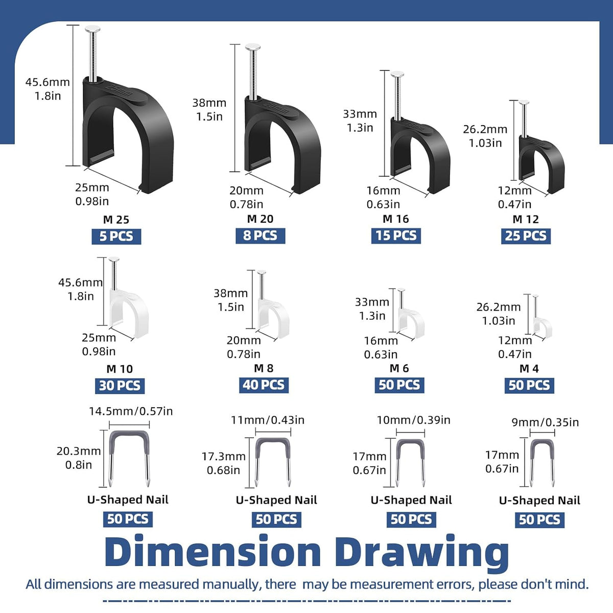 Glarks 423pcs Cable Clips with Steel Nail and Insulated U Staple Nail Kit, 223pcs M4/6/8/10/12/16/20/25 Cable Wire Clips, 200pcs Electrical U Staple Nail, Wire Staples Cord Clips for Cable Management