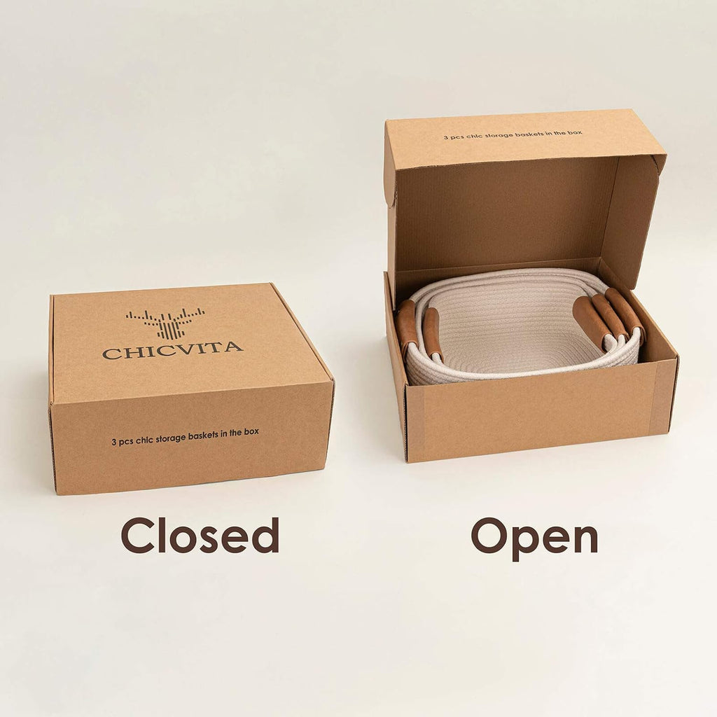 CHICVITA 3 Pack Woven Rope Gift Basket with Leather Handles, White