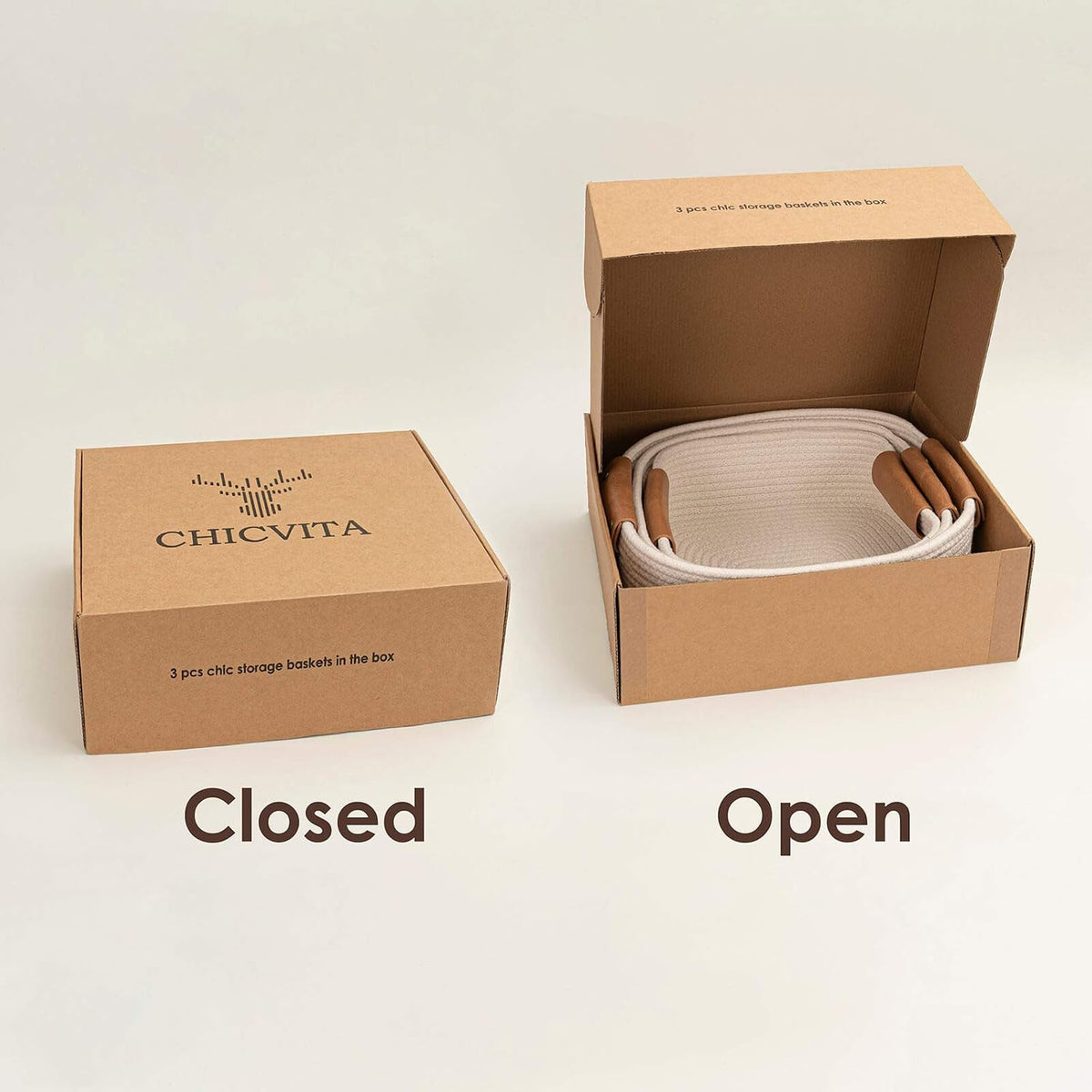 CHICVITA 3 Pack Woven Rope Gift Basket with Leather Handles, White