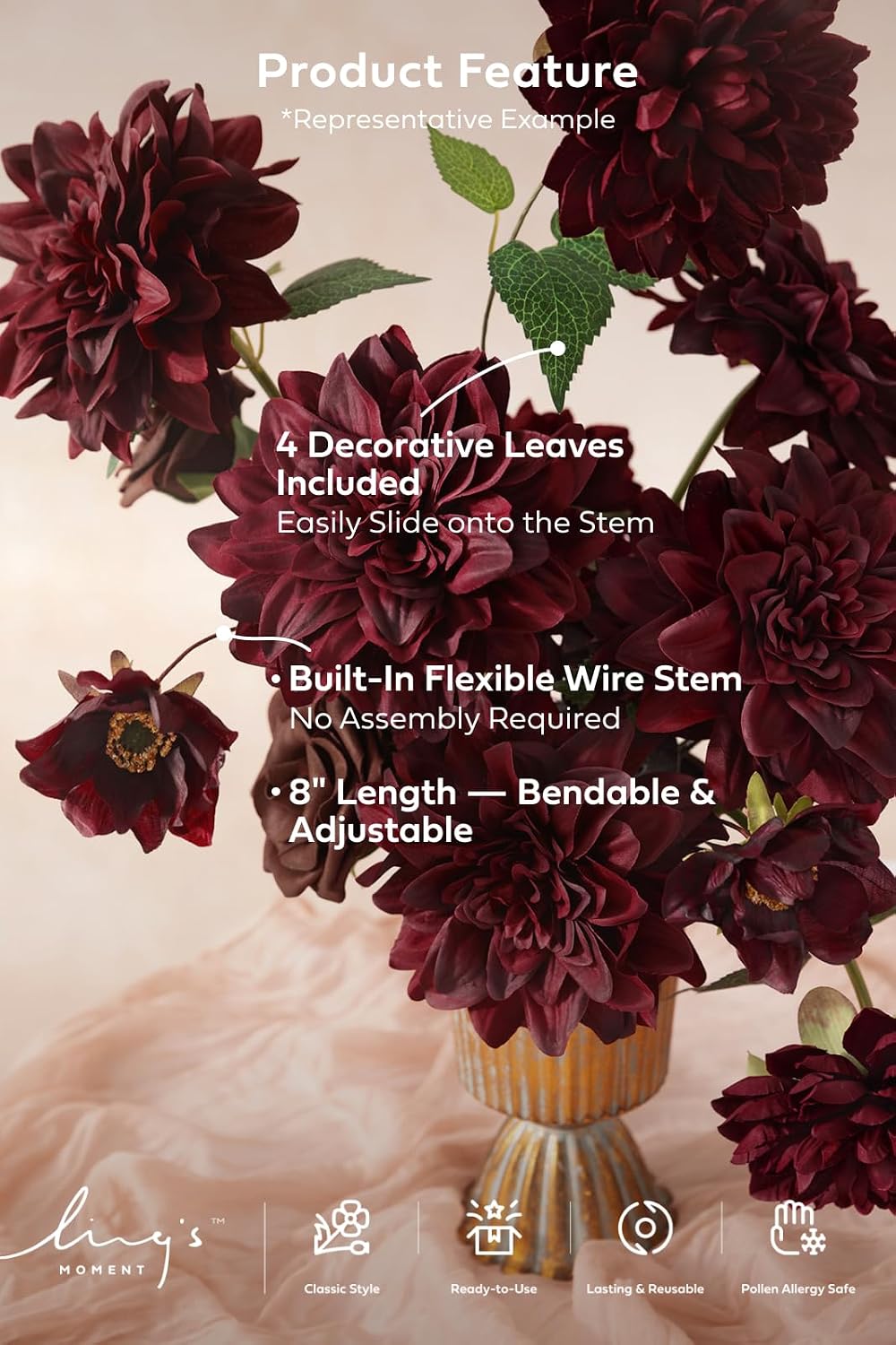 Ling's moment Burgundy Artificial Dahlias, Silk Wedding Flowers, 9 pcs