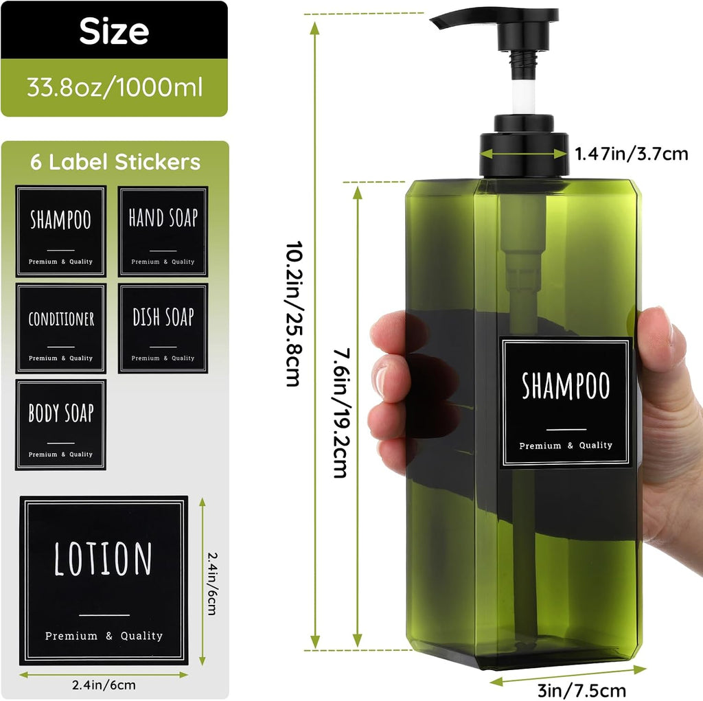 Segbeauty 33.8oz Square Shampoo and Conditioner Dispenser, 3pcs Large Capacity Plastic Soap Dispenser Bathroom, Green 1000ml Empty Lotion Pump Bottle Soap Hand Wash Bottles with Waterproof Labels