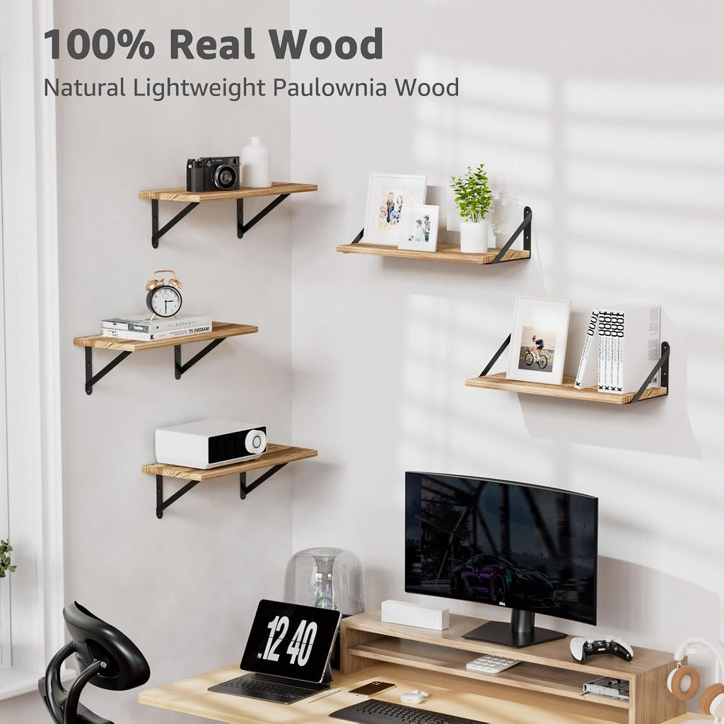 COCOYA Wall Shelves 7.3" Deep Solid Paulownia Wood (Light Brown, Set of 4)