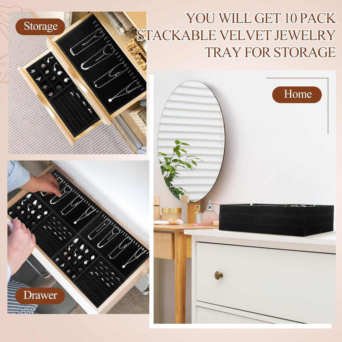 Cinnvoice Set of 10 Stackable Jewelry Organizer Tray for Drawer, Black