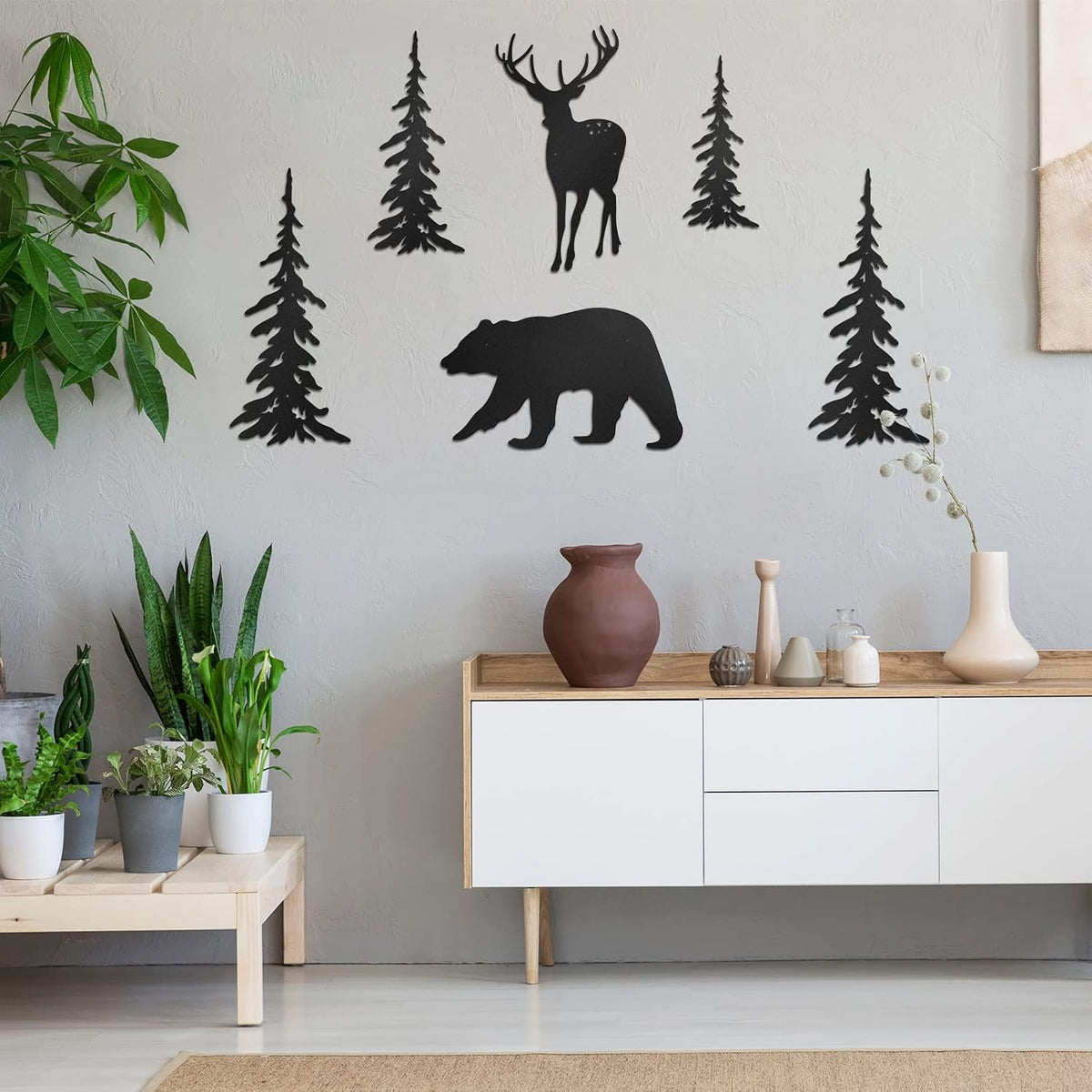 Moxweyeni 6 Pcs Metal Pine Tree Wall Art, Deer Bear Decor, Black