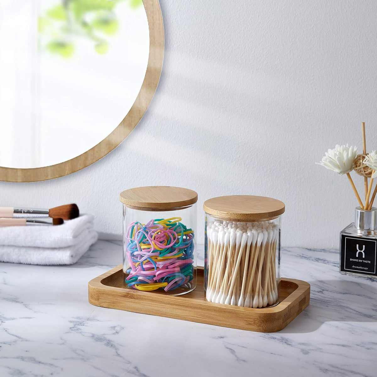 INIUNIK Glass Qtip Holder with Vanity Tray, Apothecary Jars Bathroom Accessories Bathroom Canisters Organizer Countertop Q Tip Holder for Cotton Ball Round Swab Pad Hair Ties Floss Perfume Jewelry