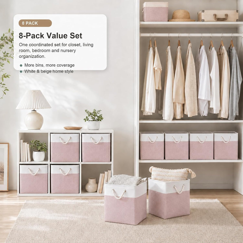 11x11 Inch Cube Storage Bins, 6 Pack Collapsible Fabric Storage Cubes with Rope Handles, Waterproof Foldable Storage Baskets for Cube Shelves, Closet, Clothes, Toys, Books, White & Pink