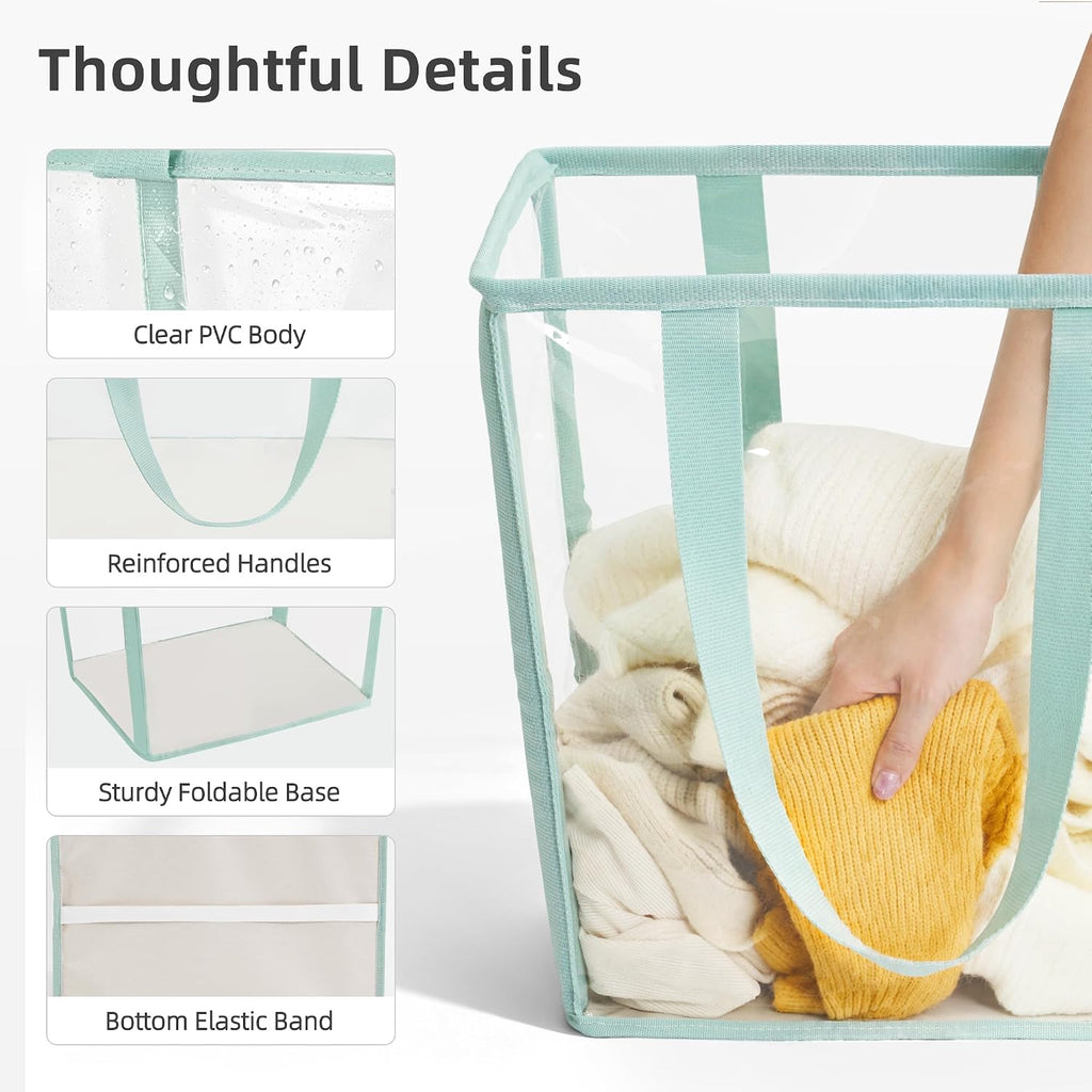 STORAGE MANIAC Collapsible Laundry Basket, 16.9 Gal. Large Pop-up Laundry Hamper with Long Carry Handles, Space-Saving Foldable Clothes Hamper with Bottom Elastic Band, Transparent-Blue