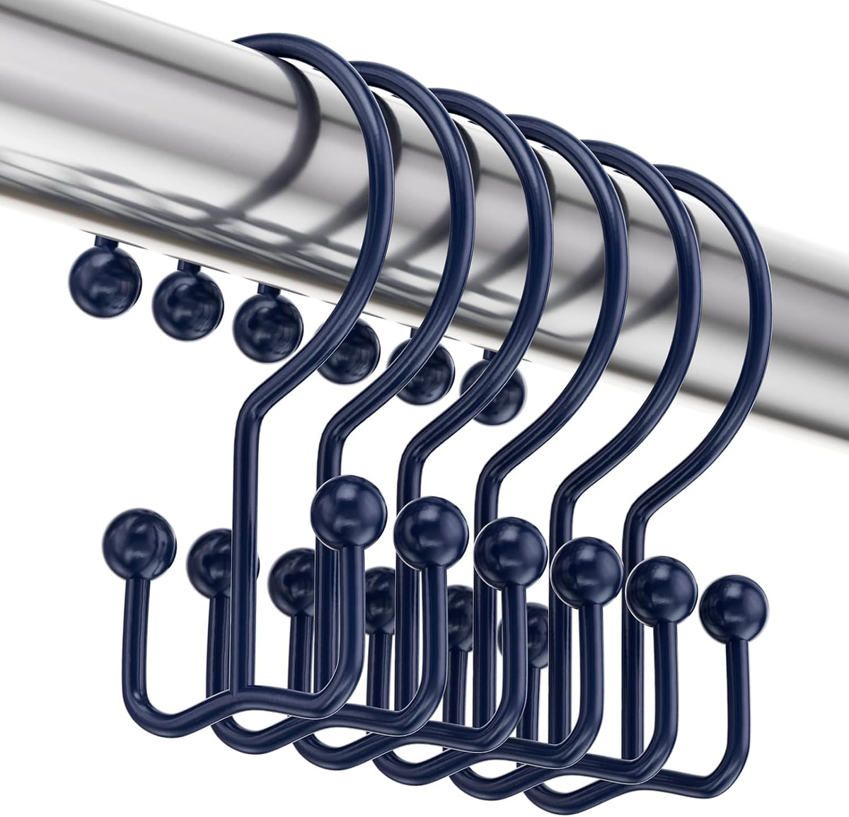 Amazer Shower Curtain Hooks Navy Blue Double Shower Curtain Hooks, Shower Curtain Rings Sturdy Stainless Steel Shower Hooks for Bathroom Shower Rod, 12Pcs Shower Curtain Hangers
