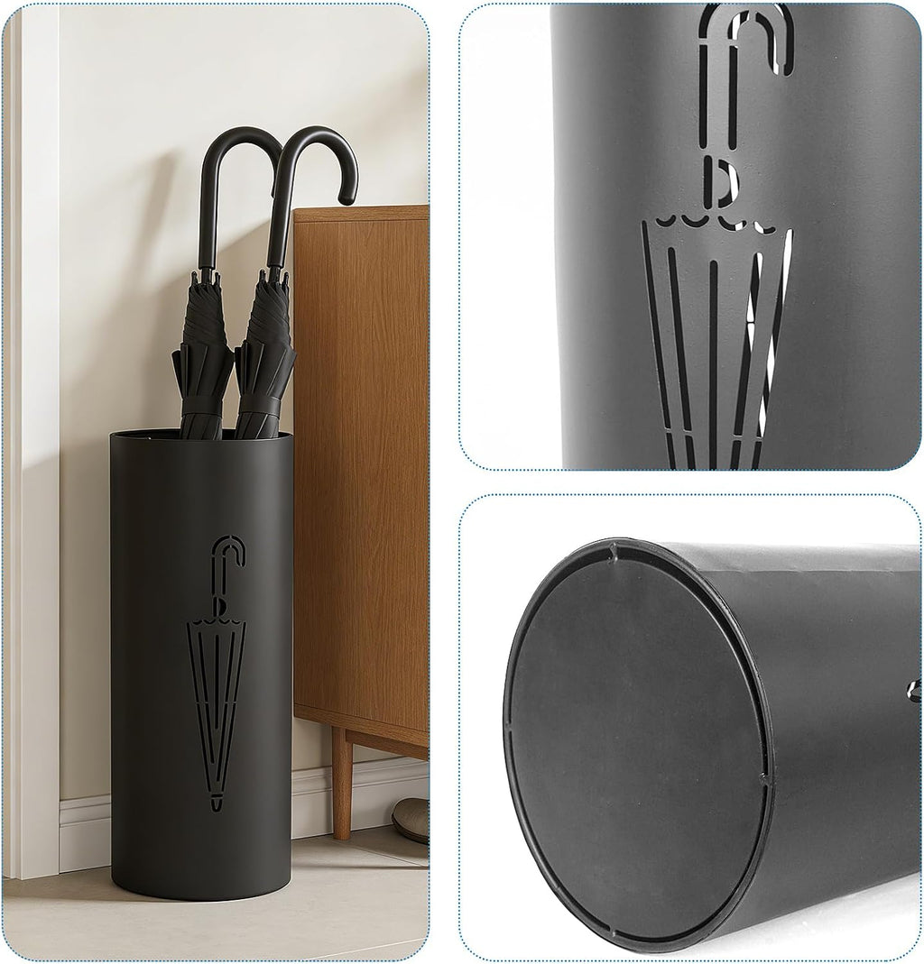 DreamsEden Metal Umbrella Stand, Round Entryway Umbrella Organizer with 3 Hooks for Walking Canes Golf Clubs, Sturdy Durable Holder Rack, Black