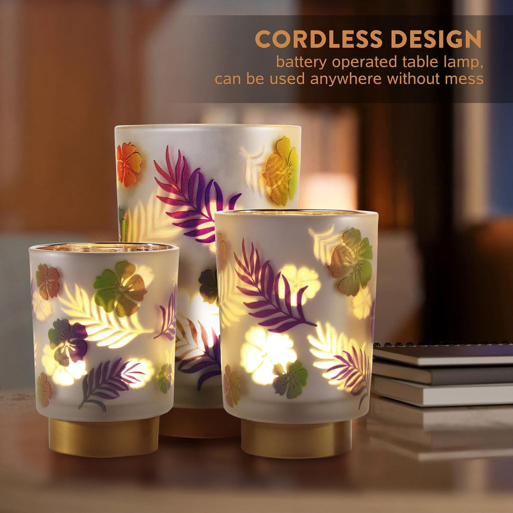 Eywamage 7" Tall Battery Operated Table Lamp, Floral Glass Lamp with Remote Timer, Cordless Accent Lamp Lights for Bedroom Living Room Kitchen