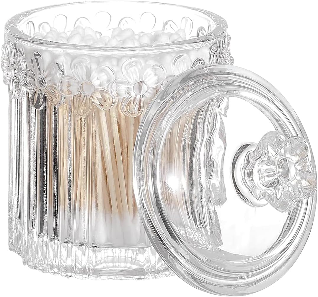 2 Pack Qtip Holder Thick Glass Apothecary Jars with Lid for Bathroom, Cotton Swab and Round Organizer, Vanity Storage Canisters for Makeup Pads, Floss (Transparent)