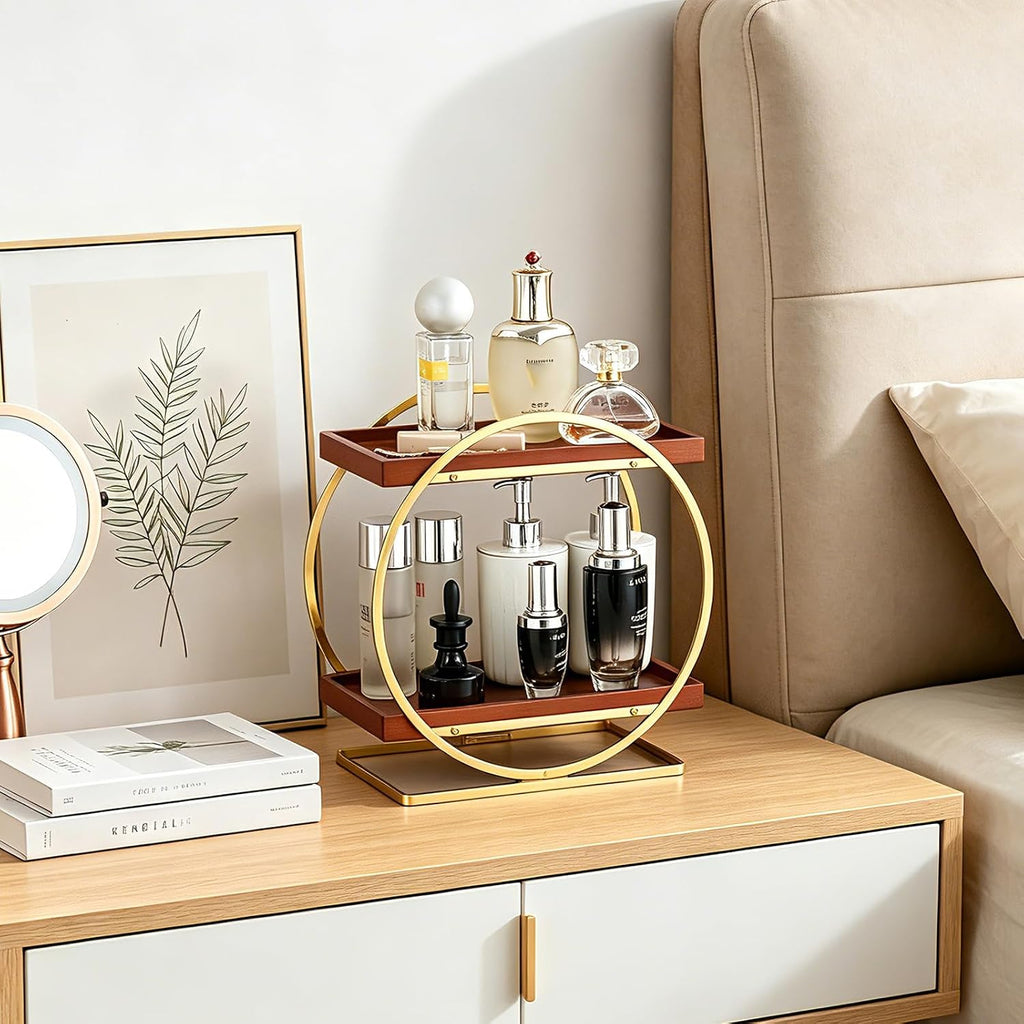 2-Tier Bathroom Organizer Countertop, Wooden Gold Perfume Organizer
